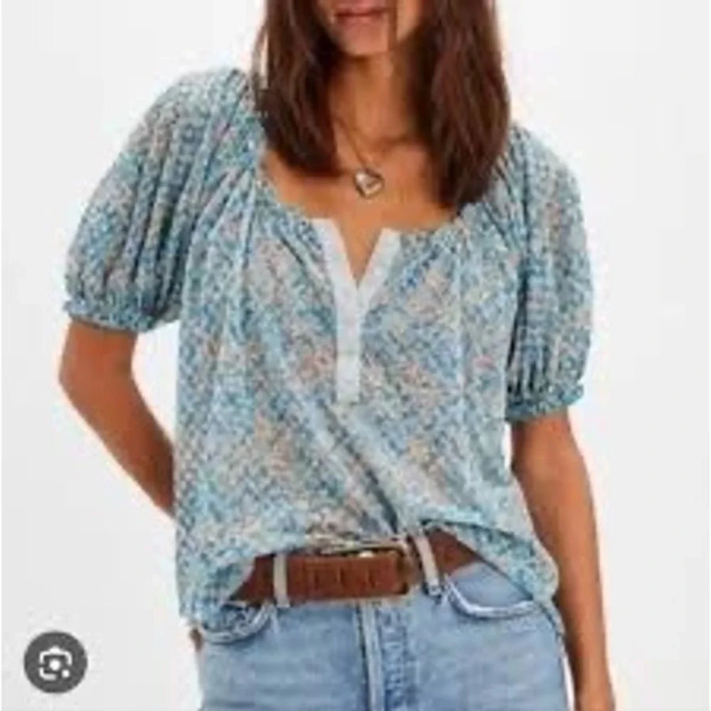 Free People Astra Mist Combo Floral Lace Puff Sleeve Top OB1959476 New